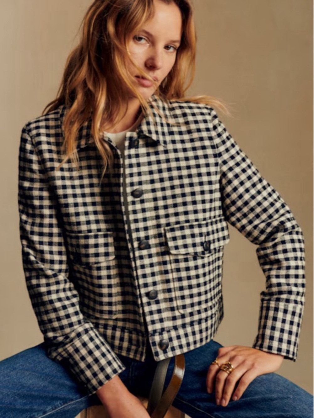 Sézane Terry Jacket Black White Gingham Check Cropped Jacket US 2